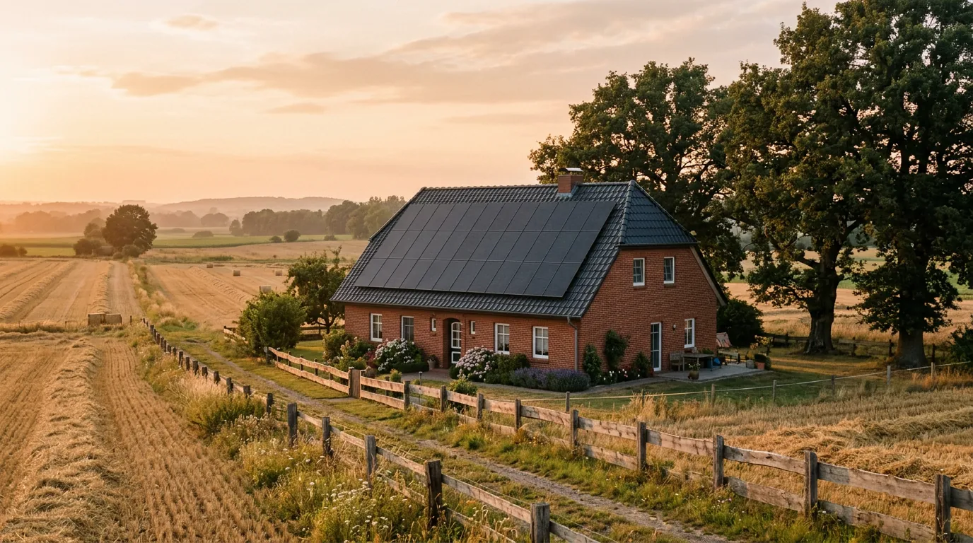 Backsteinhaus mit schwarzer Solaranlage im Abendlicht